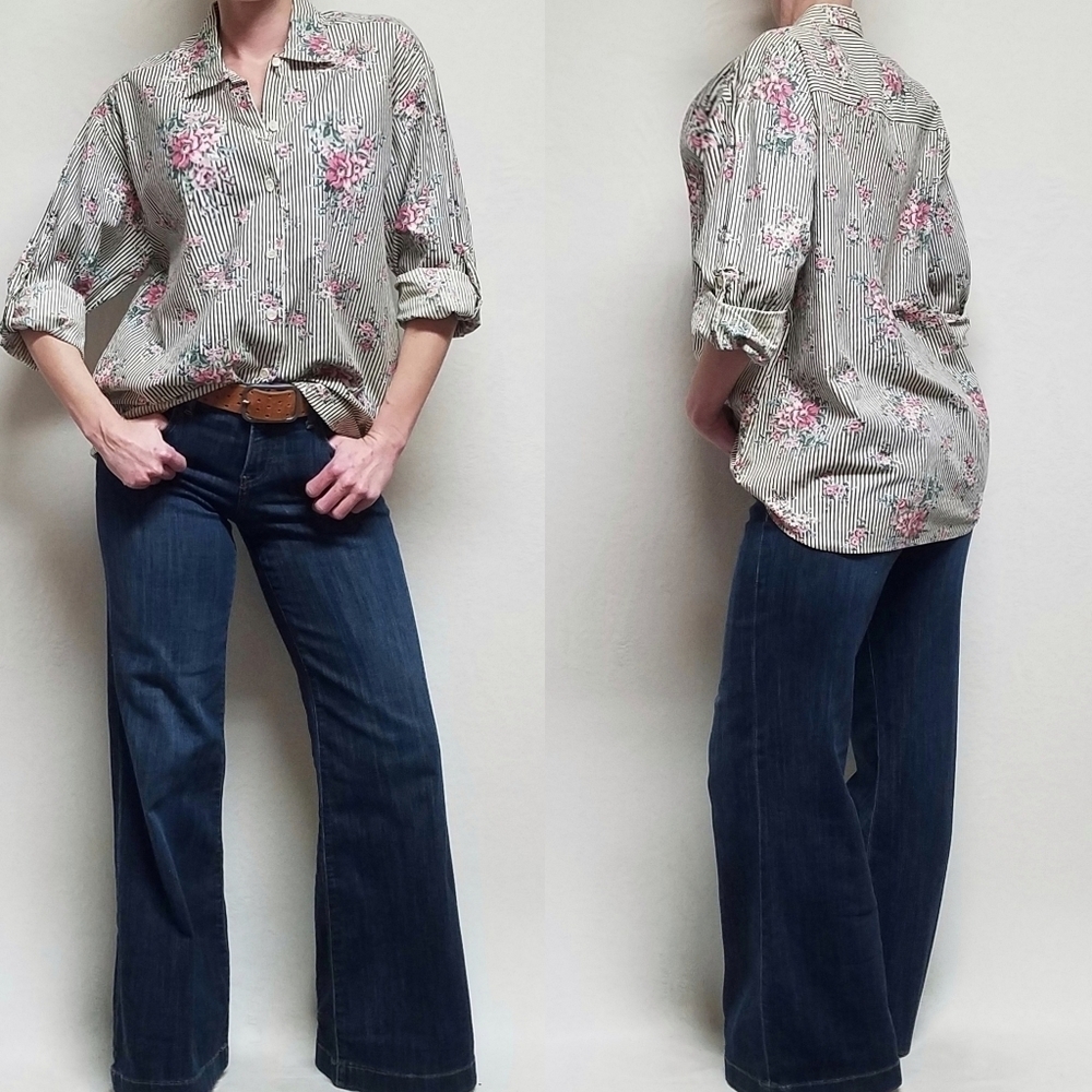 Casey & Max Vintage 80s Mixed Media Floral Striped Hi-low Button Up Blouse L